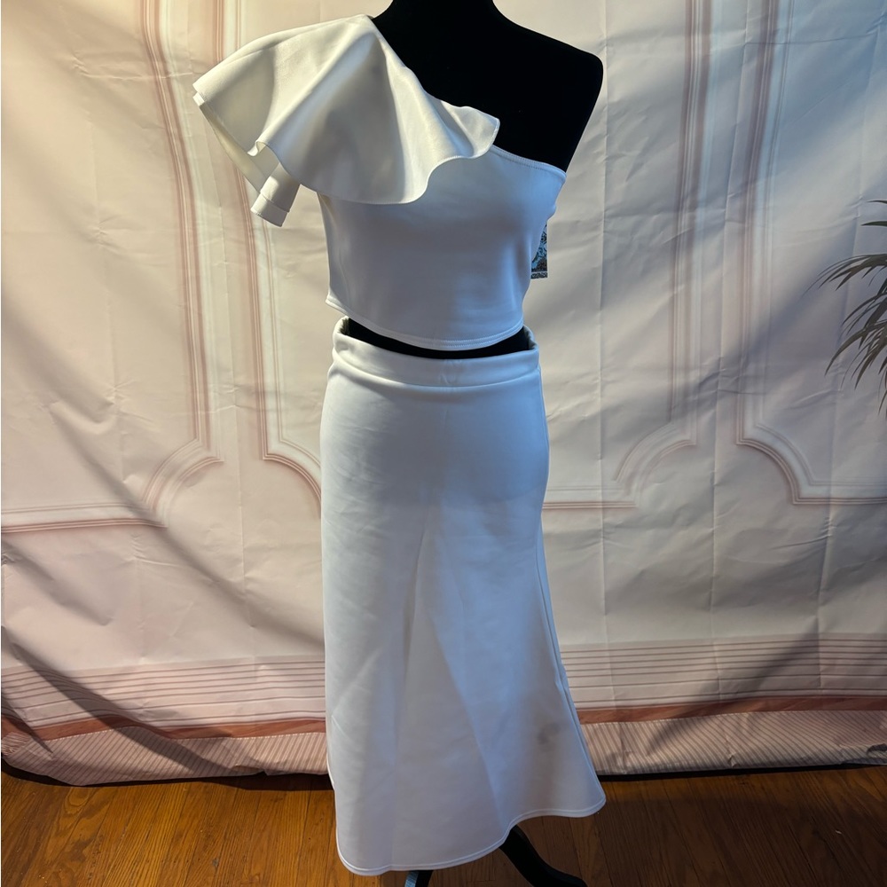 2 Piece Ruffle One Shoulder Top and Midi Skirt